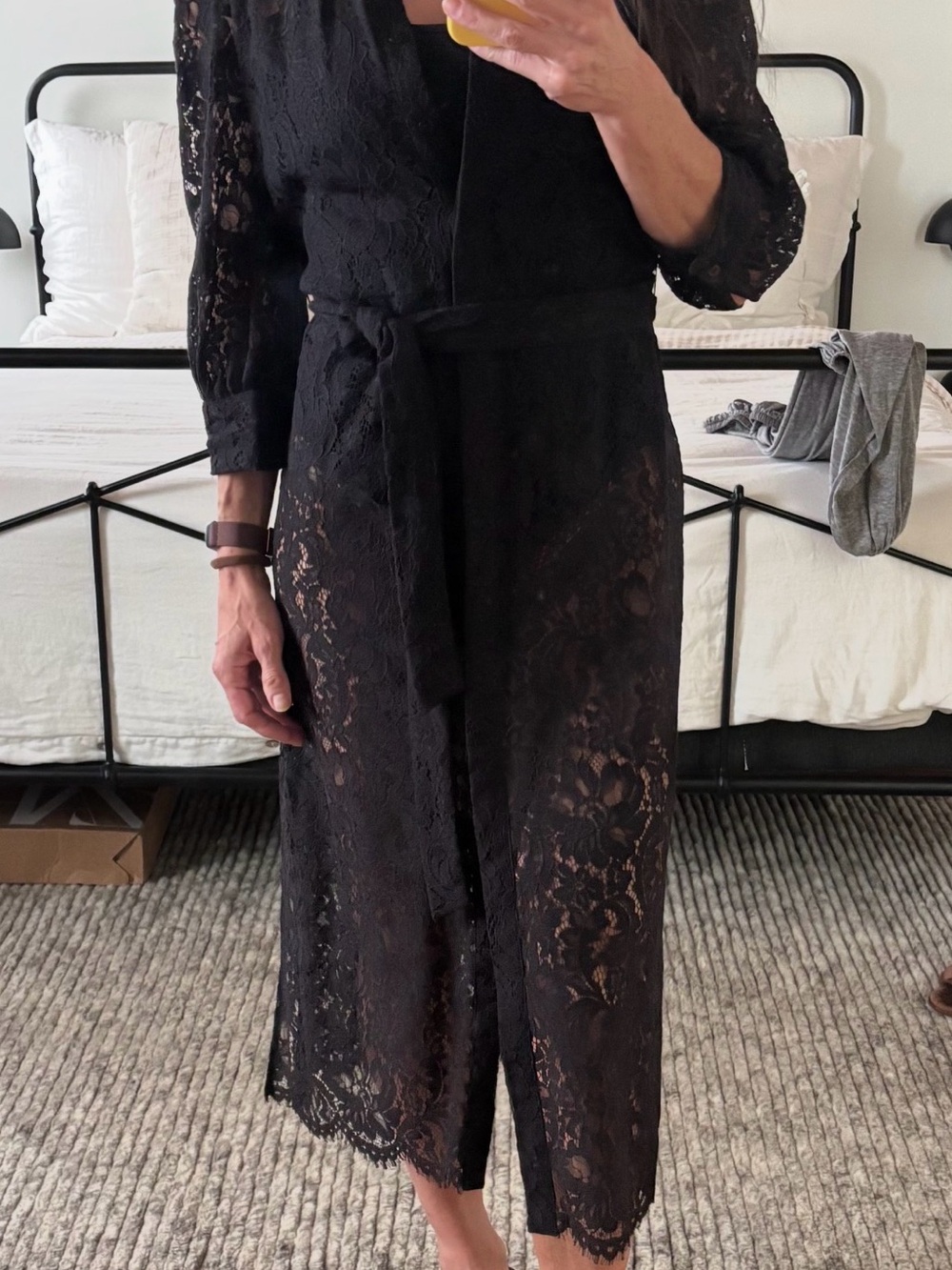 L'AGENCE Emilio Black Lace Midi Dress with Self-Tie Belt